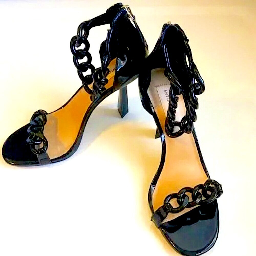 New ANTONIO MELANI Corolitta Black Chain Strap Patent Stiletto Sandal 6 & 9.5